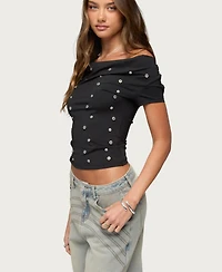 Edikted Womens Bijou Metal Snap Cowl Neck Top