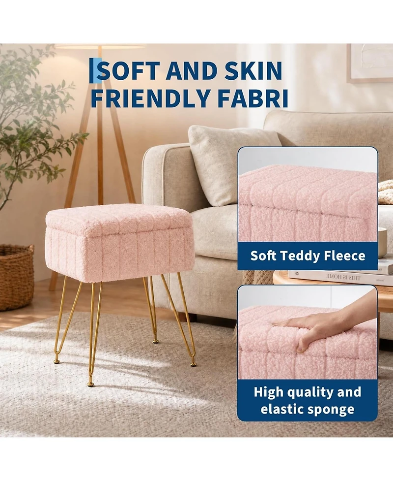 gaomon Vanity Stool with Storage, Faux Fur Ottoman with Metal Legs and Anti-Slip Feet