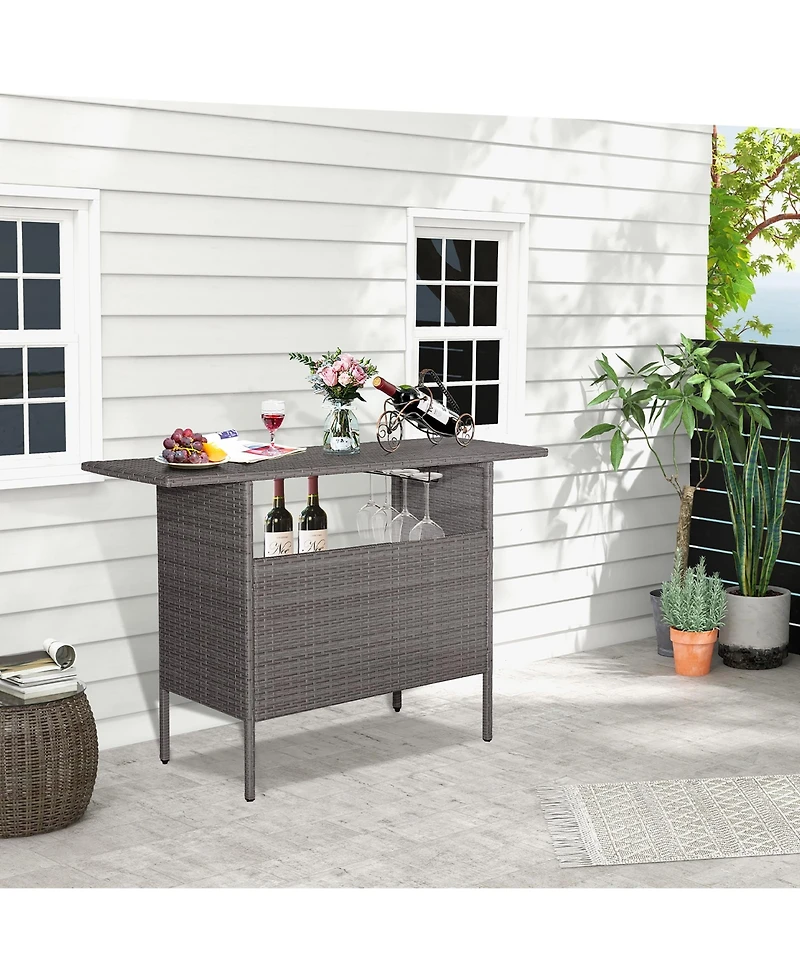 Gymax Patio Rattan Wicker Bar Height Counter Table Storage Shelf Rail Garden