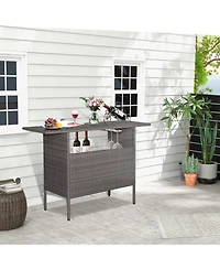 Gymax Patio Rattan Wicker Bar Height Counter Table Storage Shelf Rail Garden