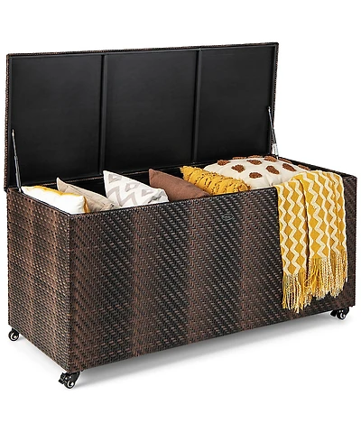 Gymax 2-in-1 Pe Wicker Outdoor Storage Box Furniture Deck Garden Tools