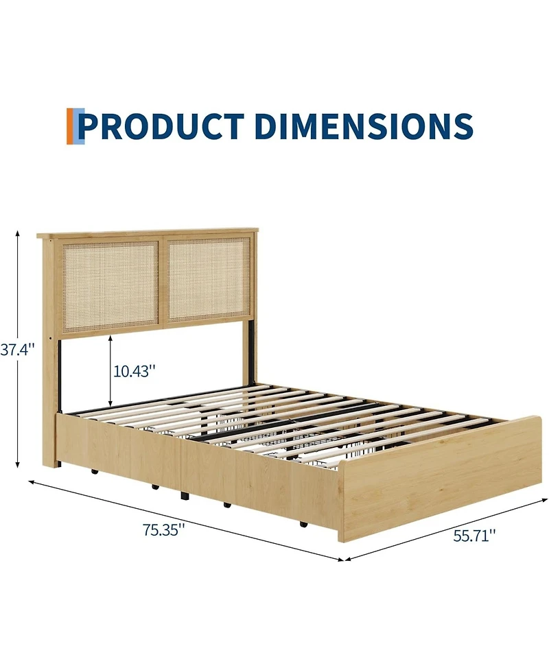 gaomon square rattan bed frame, 4 storage drawers, bohemian style Led bed, natural headboard, slatted support, no spring mattress required