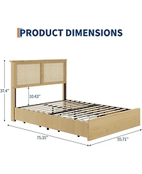 gaomon square rattan bed frame, 4 storage drawers, bohemian style Led bed, natural headboard, slatted support, no spring mattress required