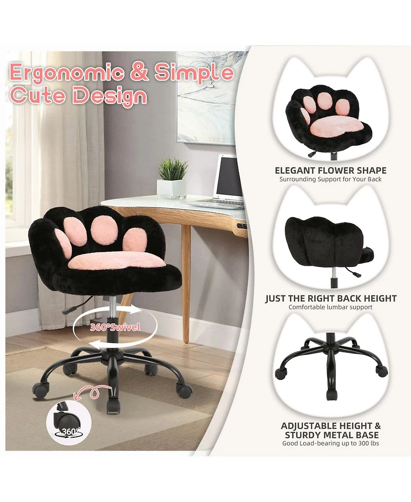 homfan Cute Vanity Chair with Cat-Paw Back, Swivel Wheels, Adjustable Height, Armless Desk Chair for Bedroom, Office, Kids Room