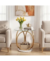 Slickblue Modern Round Side Table with Faux Marble Base and Glass Tabletop