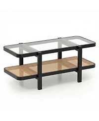 Slickblue Modern 2-Tier Coffee Table with Glass Top and Open Storage Shelf Design