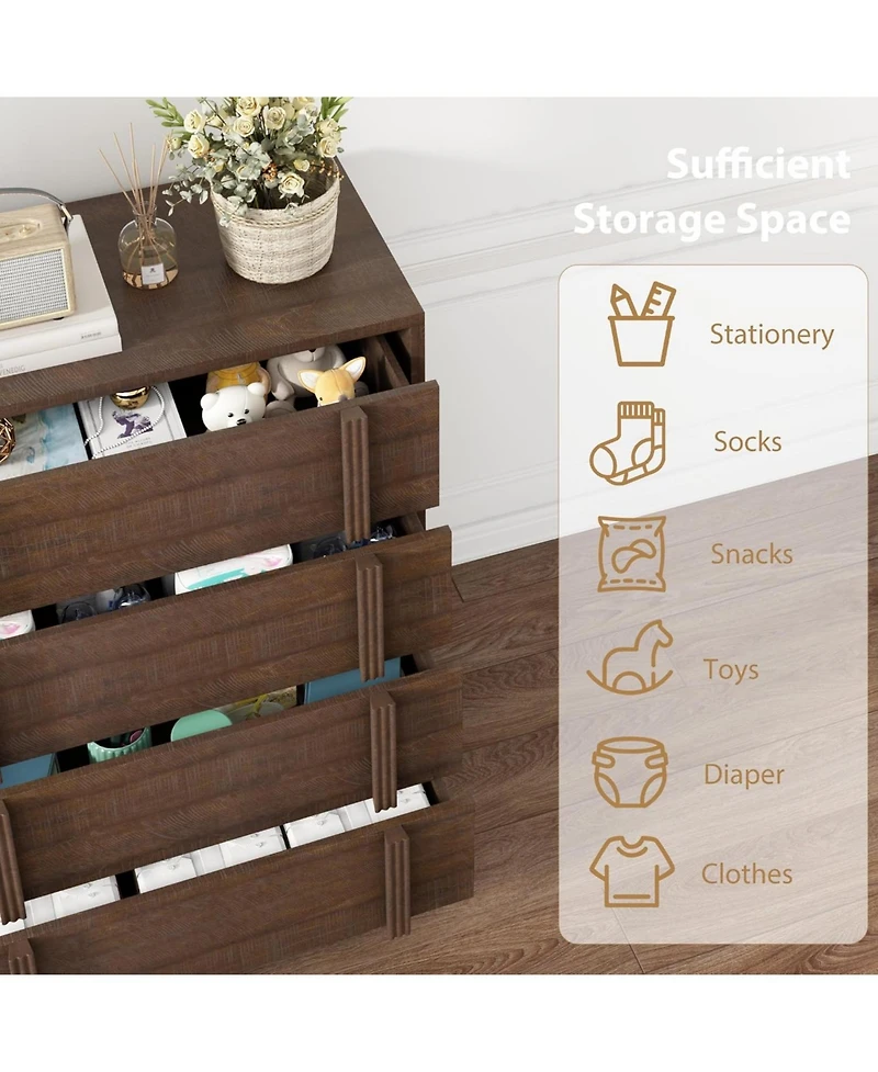 homfan 4-Drawer Wood Storage Cabinet Modern Nightstand with Vertical Handle, Bedside Dresser for Bedroom, Living Room, Entryway and Dorm