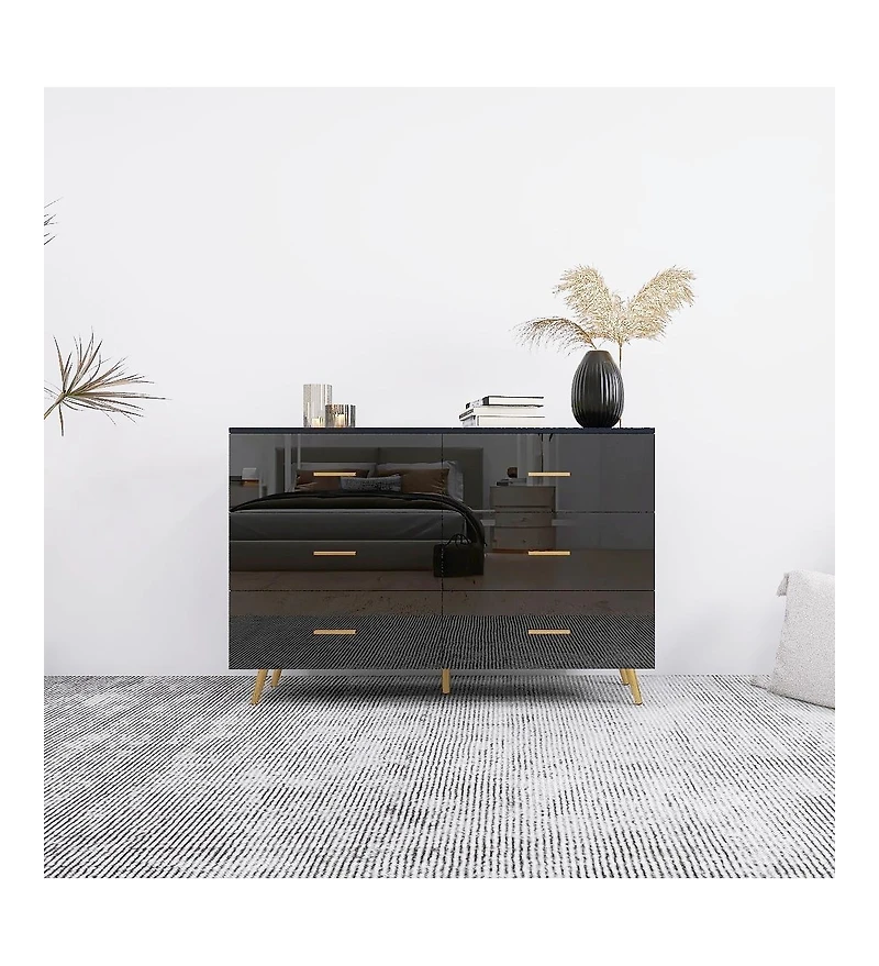 Flynama High Gloss 6-Drawer Storage Chest with Golden Handles and Metal Legs Home Bedroom Vanity Cabinet