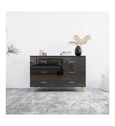 Flynama High Gloss 6-Drawer Storage Chest with Golden Handles and Metal Legs Home Bedroom Vanity Cabinet