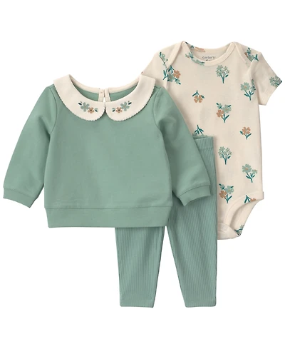 Carter's Girls' Floral French Terry Layering Short-Sleeve Bodysuit, Top and Pants, 3-Piece Set