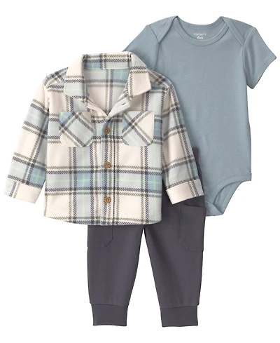 Carter's Boys' Plaid Fleece Layering Short-Sleeve Bodysuit, Shacket and Pants, 3-Piece Set