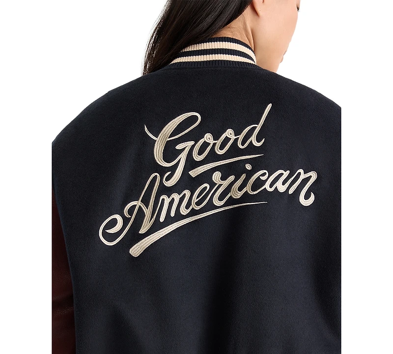 Good American Women's Team Varsity Ribbed Baseball Collar Jacket