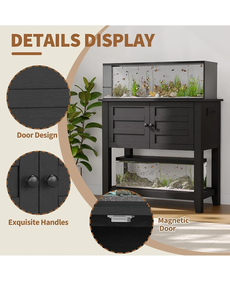homfan 20-29 Gallon Aquarium Stand with Charging Station, Heavy Duty Fish Tank Cabinet, Dual Tier Reptile Stand, Magnetic Doors, Anti-Tip Storage