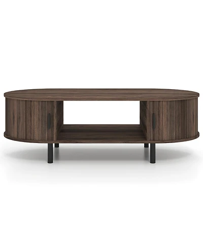 Slickblue Modern Wooden Oval Coffee Table with Storage Space for Living Area-Walnut