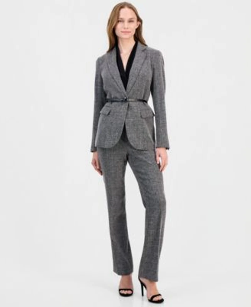 Anne Klein Womens Notched Collar Belted Jacket V Neck Sleeveless Knit Top Bootcut Pants