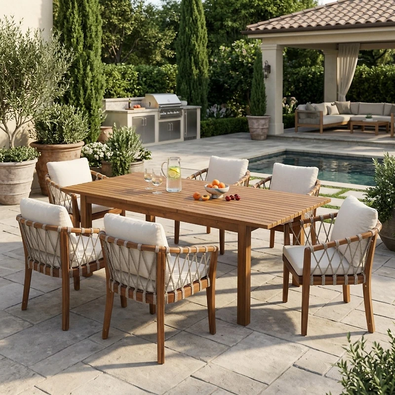 Asagikoiai 7-Piece Acacia Wood Patio Dining Set with Expandable Table and 6 Rope Chairs