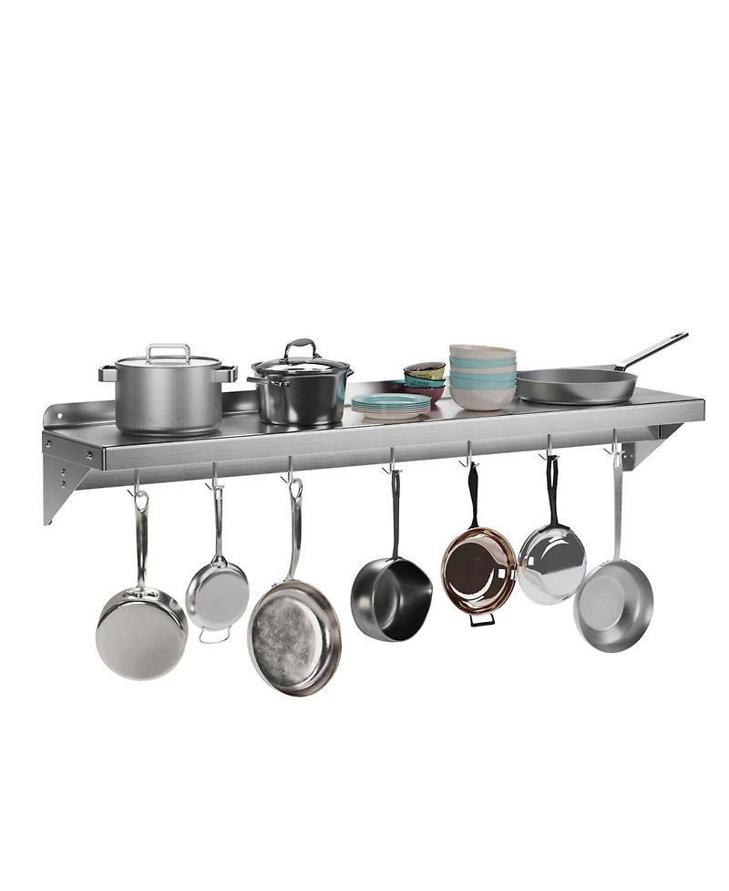 Wall Mounted Shelf, 48 Inch Stainless Steel Floating Shelf with 7 Hooks for Kitchen or Pantry