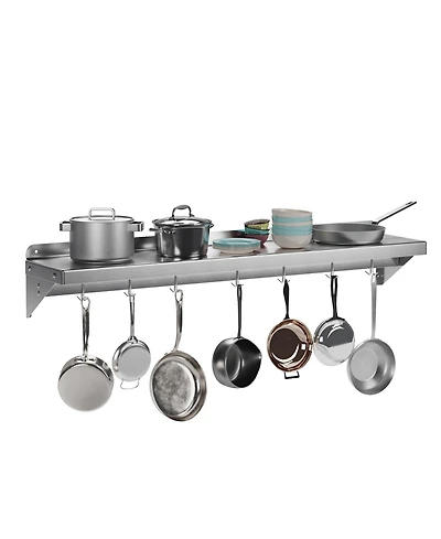Wall Mounted Shelf, 48 Inch Stainless Steel Floating Shelf with 7 Hooks for Kitchen or Pantry
