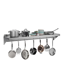 Wall Mounted Shelf, 48 Inch Stainless Steel Floating Shelf with 7 Hooks for Kitchen or Pantry