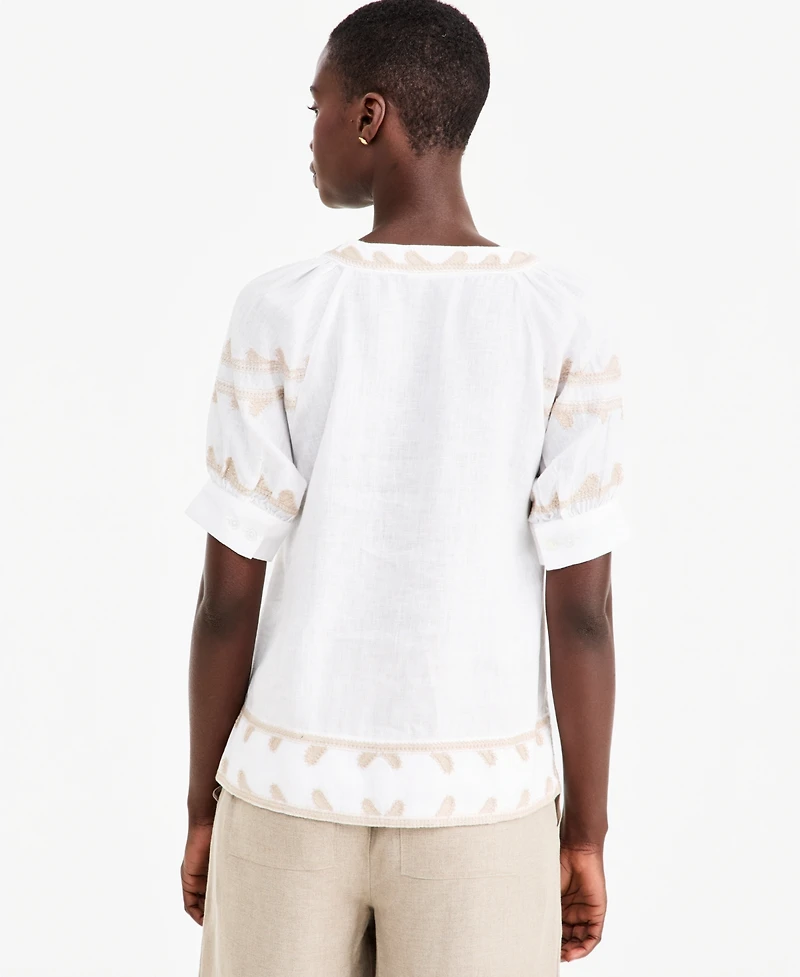 Charter Club Women's Linen Puff-Sleeve Embroidered Blouse, Macy's Exclusive