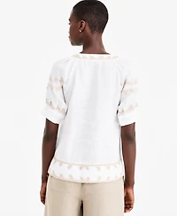 Charter Club Women's Linen Puff-Sleeve Embroidered Blouse, Macy's Exclusive