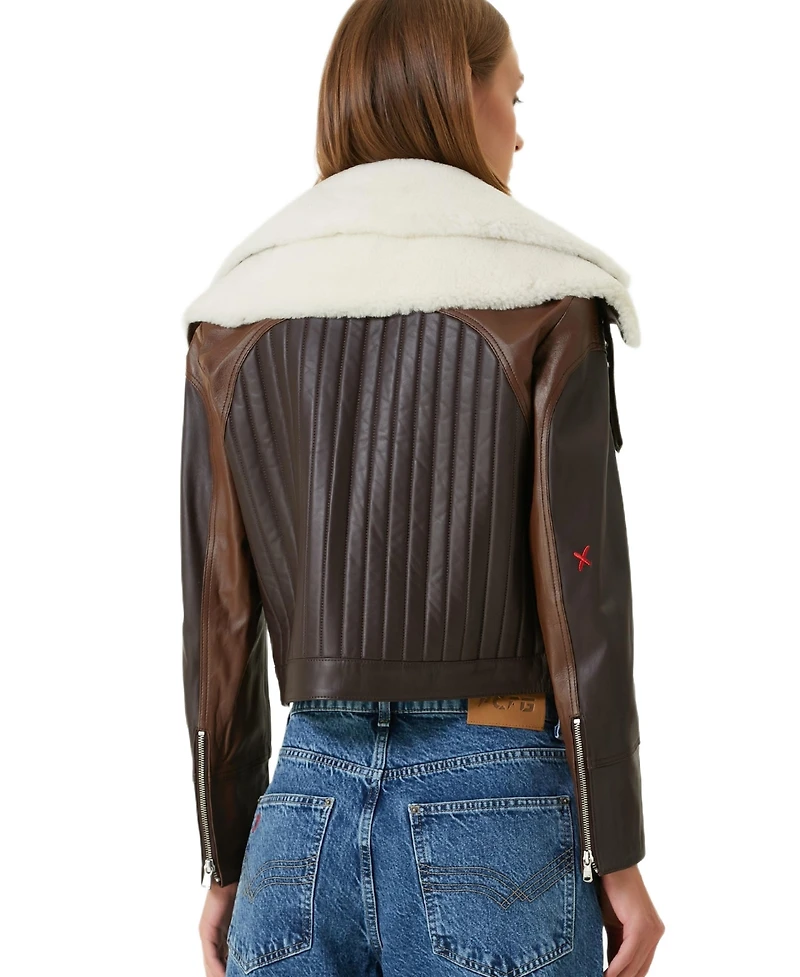Pcfg Women's Double Collar Leather Jacket