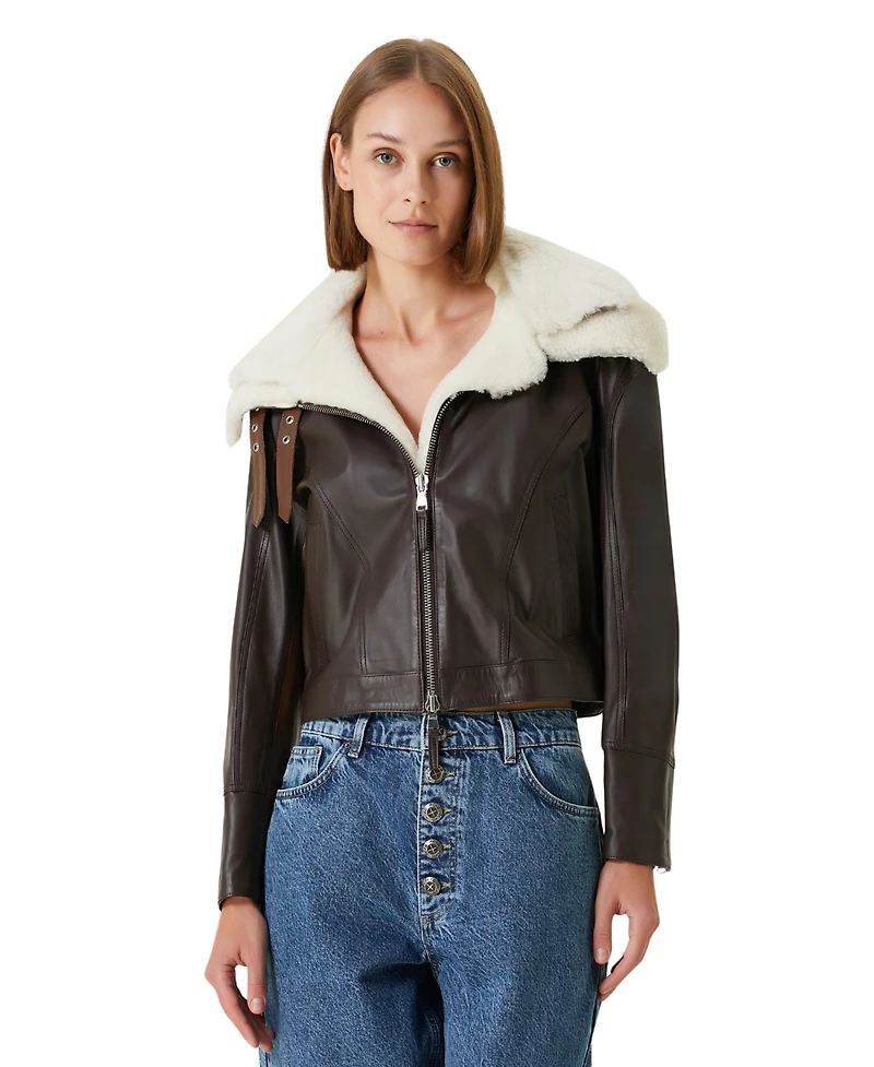 Pcfg Women's Double Collar Leather Jacket