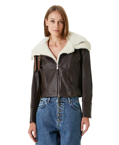 Pcfg Women's Double Collar Leather Jacket