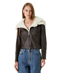 Pcfg Women's Double Collar Leather Jacket