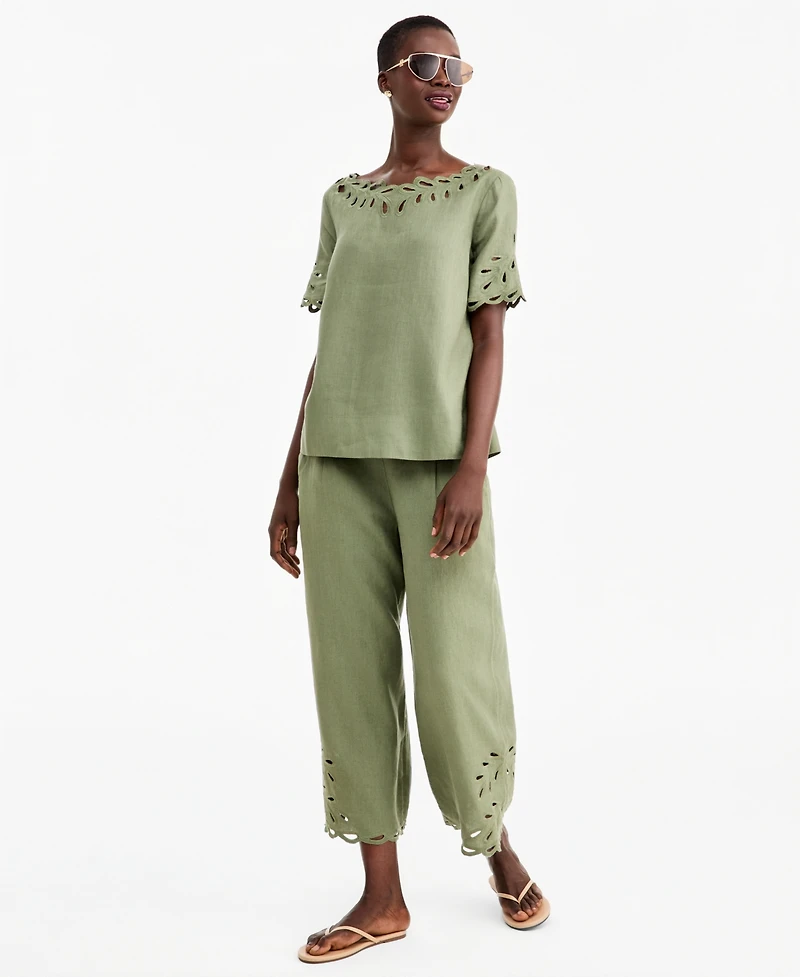 Charter Club Women's Linen Eyelet-Hem Cropped Wide-Leg Pants, Macy's Exclusive