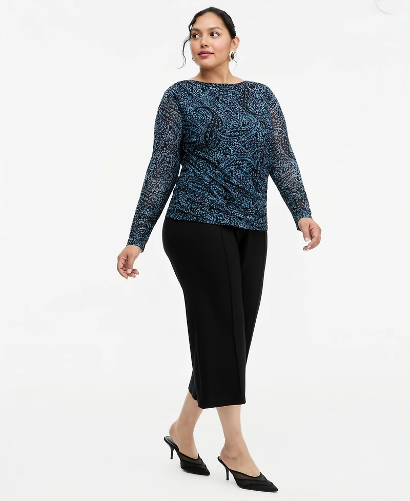 I.n.c. International Concepts Plus Ruched Long-Sleeve Paisley Top, Macy's Exclusive