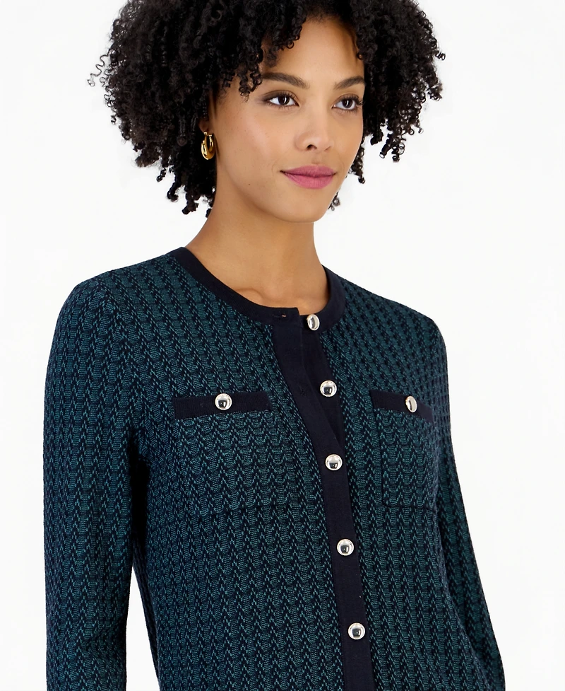 Kasper Petite Two-Tone Stitch Crewneck 3/4 Sleeve Cardigan