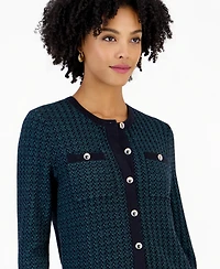 Kasper Petite Two-Tone Stitch Crewneck 3/4 Sleeve Cardigan