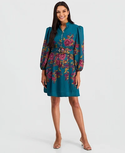 Tahari Asl Women's Floral-Print Belted Fit & Flare Dress