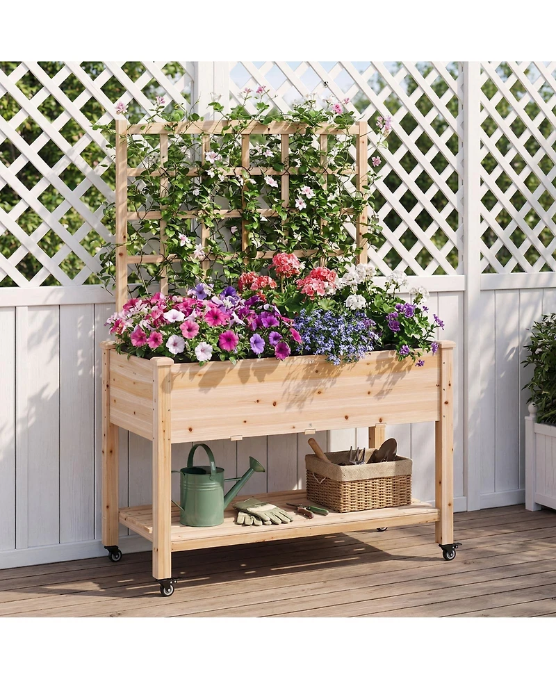 Costway Wooden Raised Garden Bed with Trellis 47x23x65 in, Liner, Drainage Holes