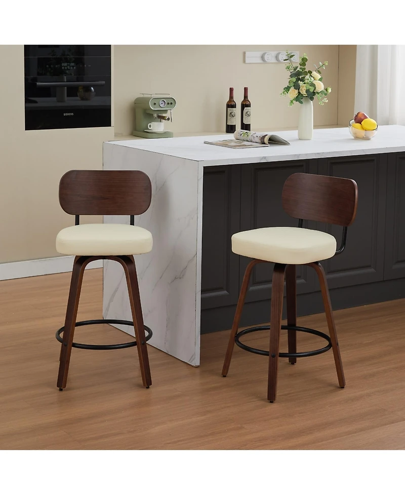 Clihome Swivel Bar Stools Set of 2, 26" Upholstered Faux Leather Counter Height Barstools with Walnut Back and Bentwood Legs,Counter