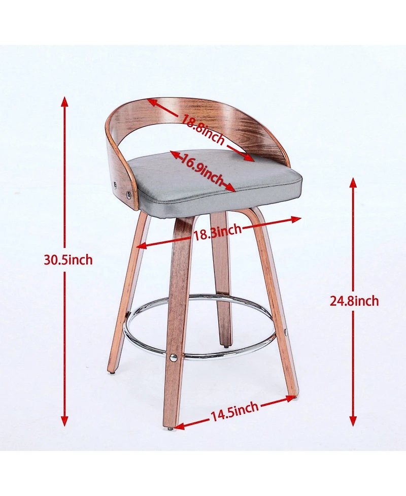 Clihome Bar Stools Set of 2, Swivel Height with Low Back, Wood Chairs Soft Cushion Seat, 25-Inch Seat