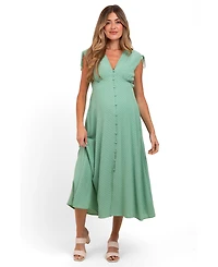 Pinkblush Maternity Green Button-Down Polka Dot Shirred Bow Midi Dress