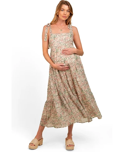 Pinkblush Maternity Cream Floral Shoulder Tie Tiered Maxi Dress