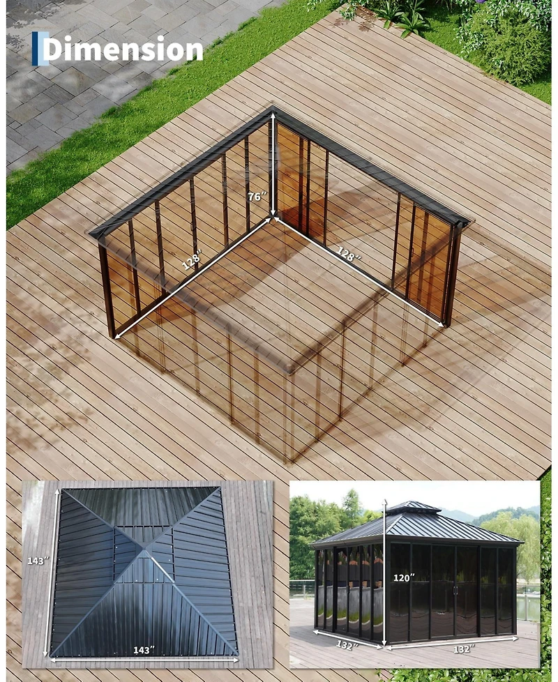 homfan 12 x 12 Feet Metal Roof Gazebo House Storage Workshop with Aluminum Alloy and Steel Frame and Acrylic Panels for Backyard, Patio, Party