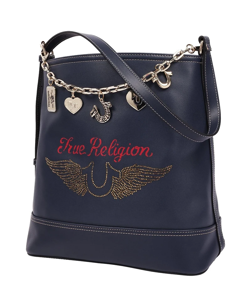 True Religion Chain Moto Pu Bucket Bag with Charm Chain and Removable Zip Pouch
