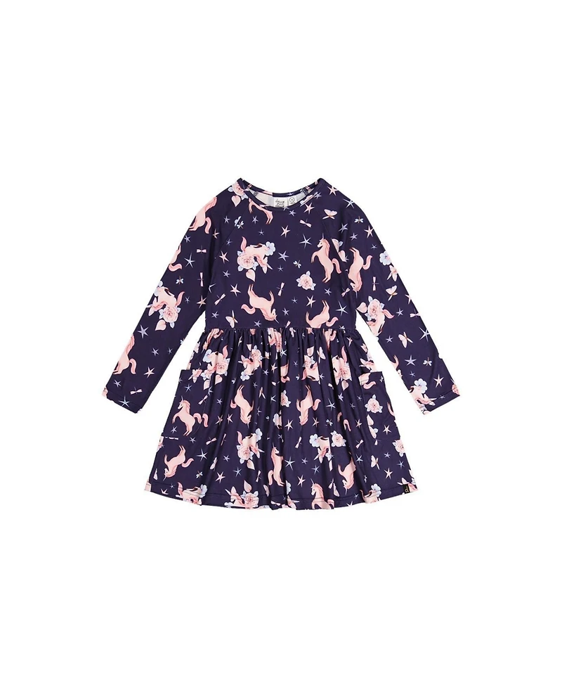 Deux par Deux Girls' (6-12) Long Sleeve Unicorn Print Dress