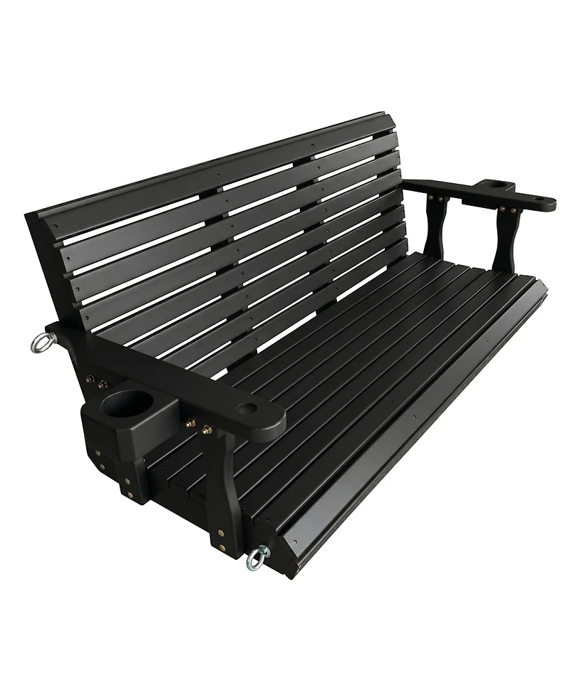 5.5 Ft Extended 3-Seater Wooden Porch Swing with Seat Cushion, Cup Holders, Hanging Chains and 7mm Springs, Heavy Duty 880 Lbs (Dark Brown)