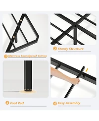Rainsken Floating Bed Frame with Led Lights, Fluted Wave Curve Wood Frame, Heavy Duty Metal Slats - No Box Spring Needed