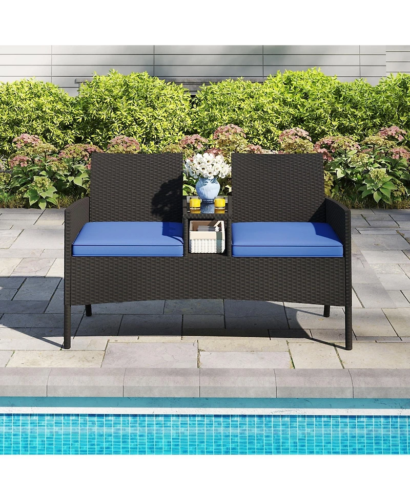 Gymax Patio Loveseat with Built-in Table Soft Cushions and Tempered Glass Tabletop