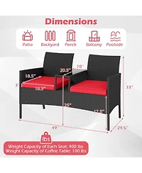 Gymax Patio Loveseat with Built-in Table Soft Cushions and Tempered Glass Tabletop Outdoor
