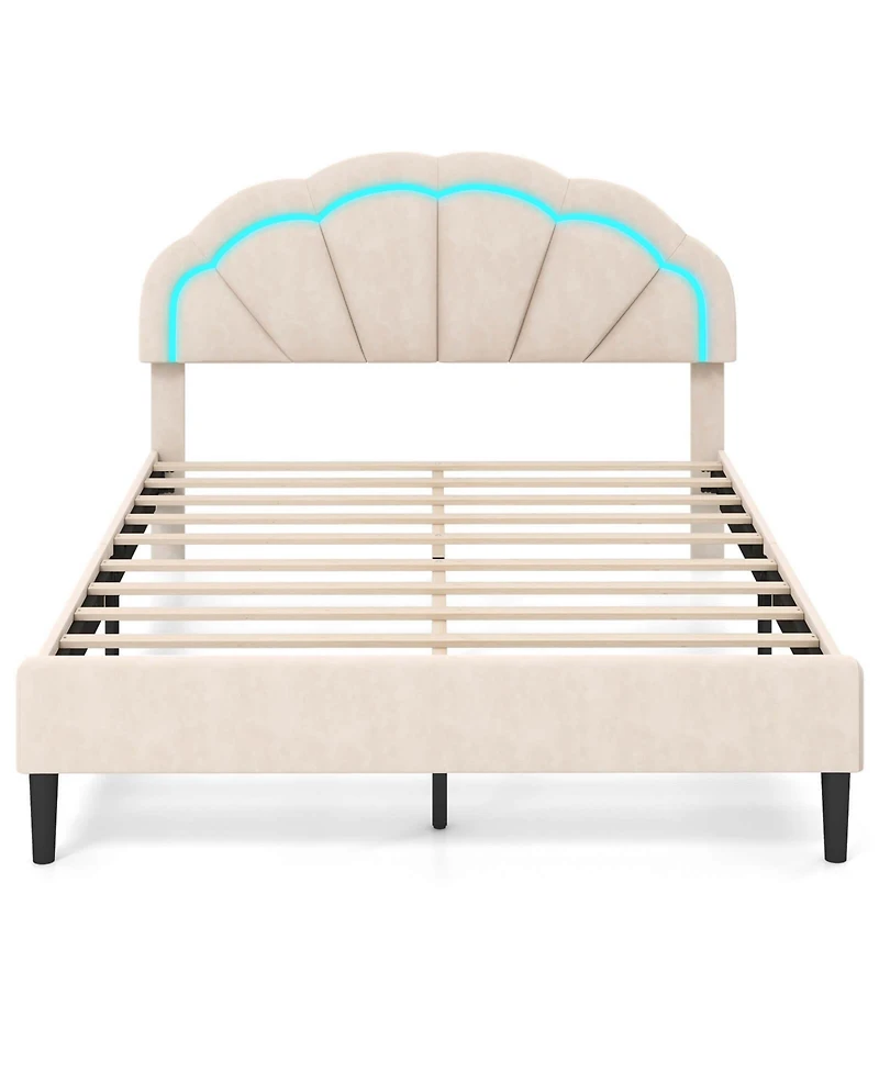 Costway Upholstered Led Bed Frame Soft Velvet Platform Bed with Flower Headboard