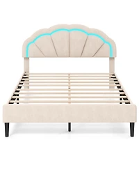 Costway Upholstered Led Bed Frame Soft Velvet Platform Bed with Flower Headboard