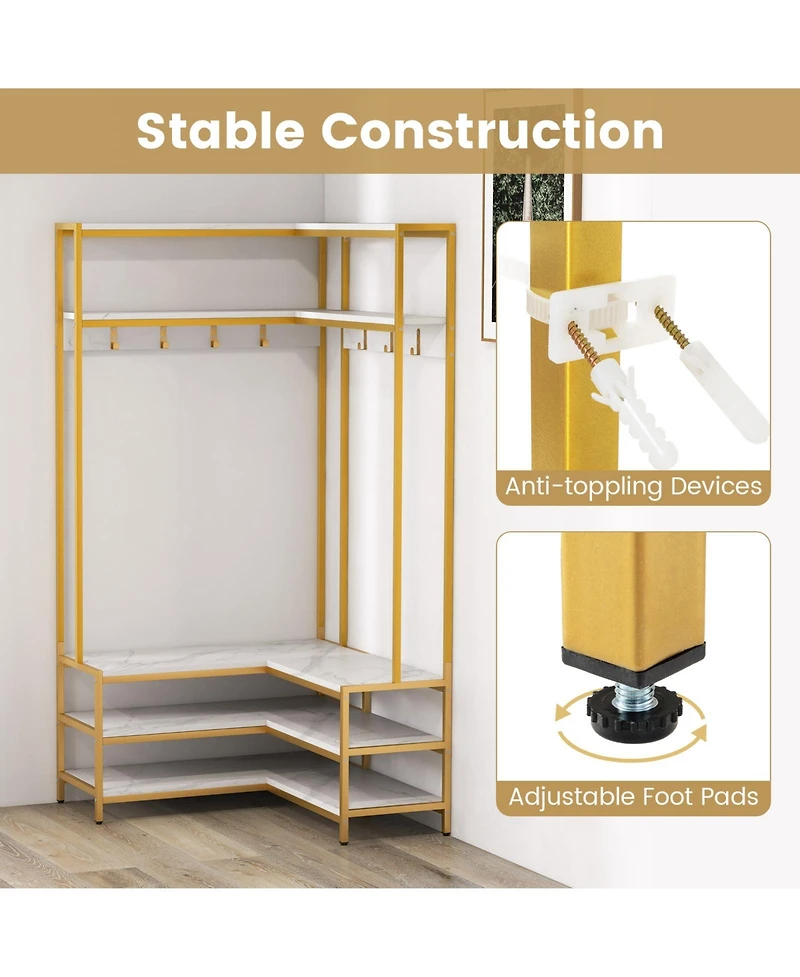 Slickblue Corner Entryway Rack with 7 Hooks Open Shelves and Shoe Bench Seat