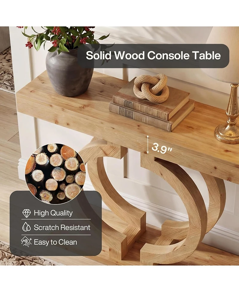 Tribesigns Solid Wood Console Table, 43.3" Natural Wood Entryway Table with Artistic Double-Circle Base, Narrow Sofa Accent Table